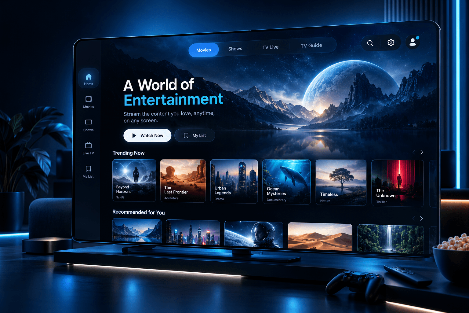 BestIPTVFast streaming interface shown on a Smart TV in a modern living room